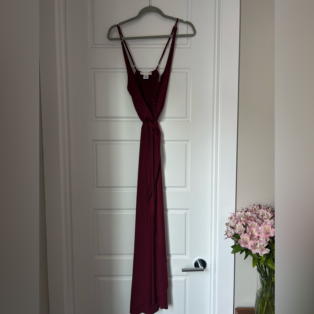 Two Birds burgundy cocktail/bridesmaid sleeveless wrap dress, sz XS/S